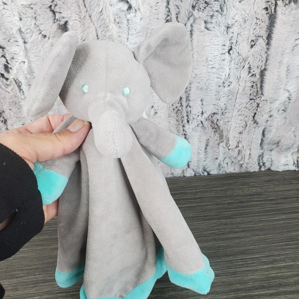 Gray And Turquoise Blue Elephant Baby Lovey Velour Security Comfort Blanket 14